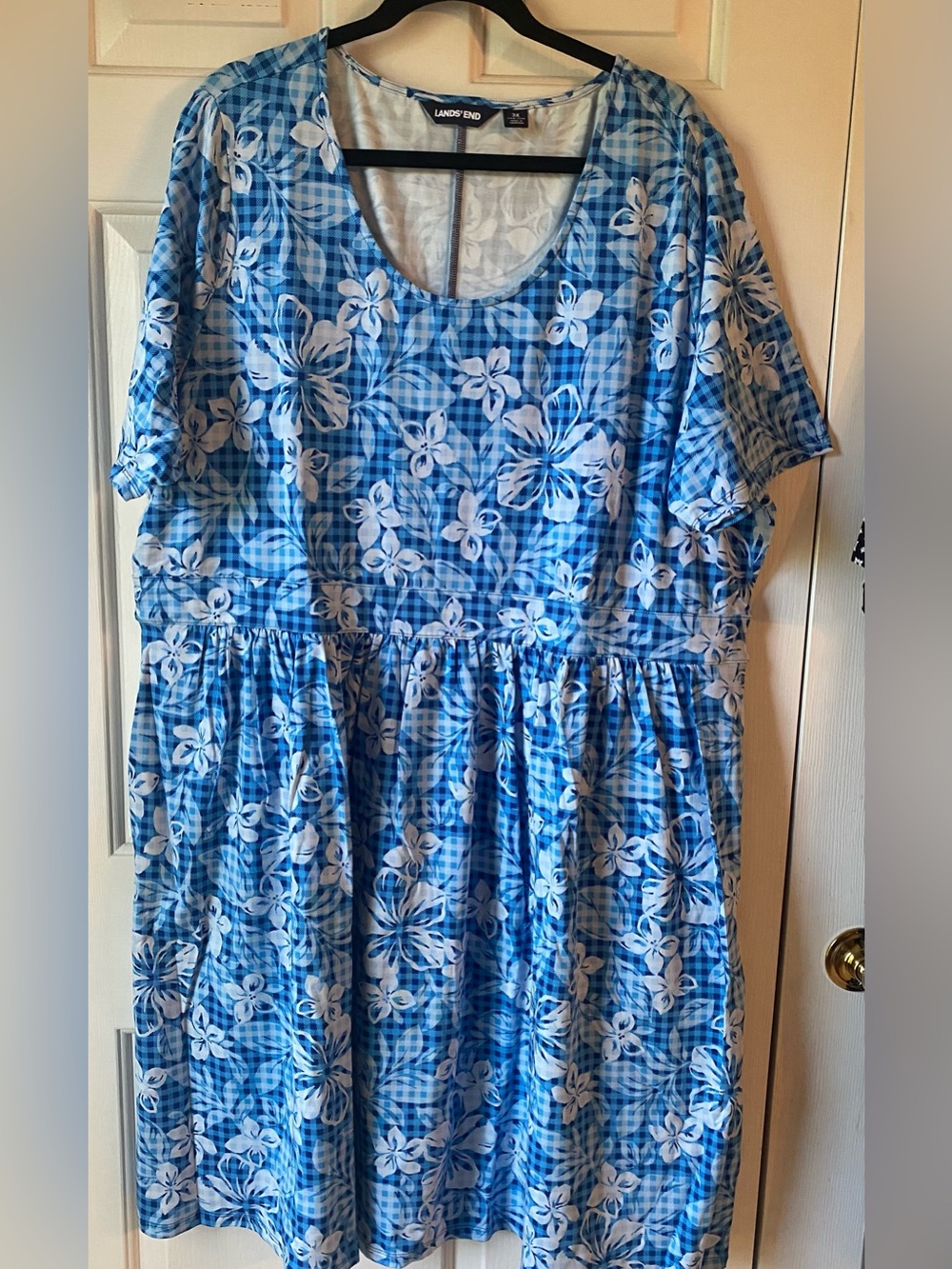 Lands' End Blue and White Floral Plaid Dress - 3X size